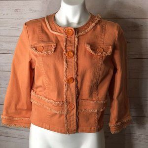 Liv A Little Coral Orange Denim Jacket Womens Size L Raw edges Floral Buttons